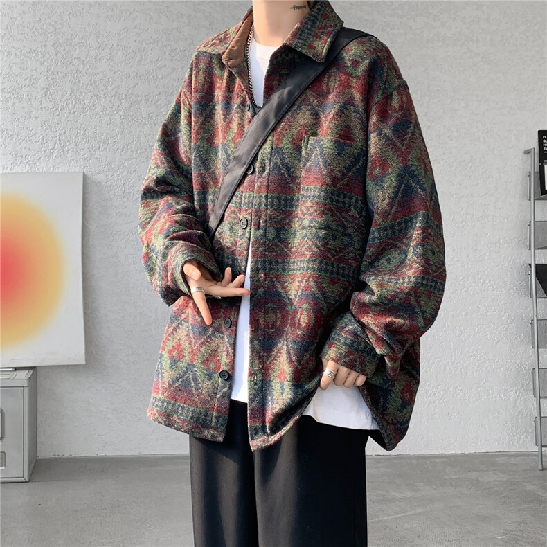 8XL-M复古大码民族风衬衫男款春季加厚粗呢藏式外套CS29001P68,男装民族服装,电商B312