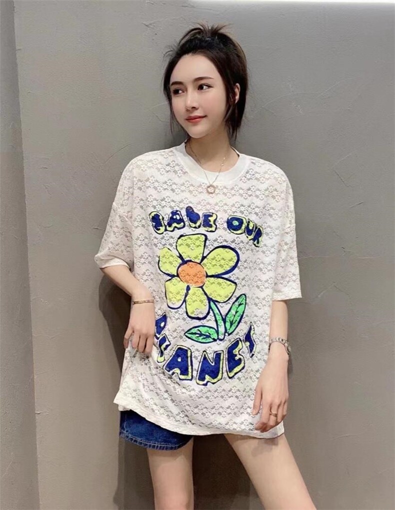 夏季新款韩版洋气字母太阳花蕾丝大版T恤,女装T恤,L·H·X