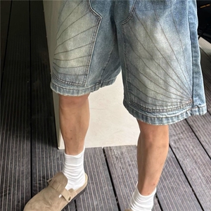 美式重工解构牛仔短裤男夏季宽松设计感复古水洗情侣五分裤XXD06图片