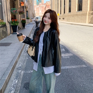 小众甜酷风假两件皮衣女秋2025新款小个子休闲显瘦PU皮短外套图片