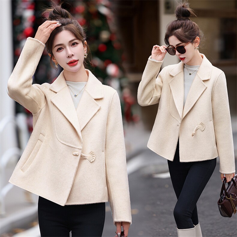 新中式guo风纯色双面呢大衣短款女2024新款小个子零羊绒毛呢外套，女装双面呢大衣，衣之秀