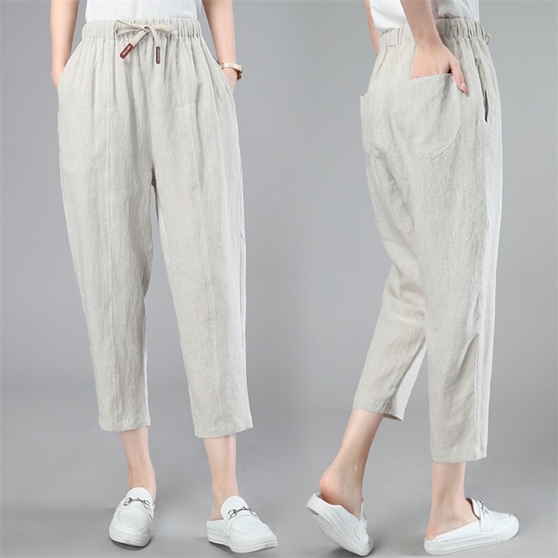棉麻裤子女2024夏装新款亚麻松紧腰宽松萝卜裤抽绳九分妈妈小脚裤，女装休闲裤，江忆布依