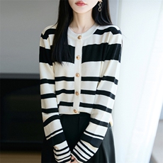 条纹圆领长袖针织衫女春秋2025新款外穿减龄毛衣外套针织开衫上衣，女装针织衫/毛衣，唐诺