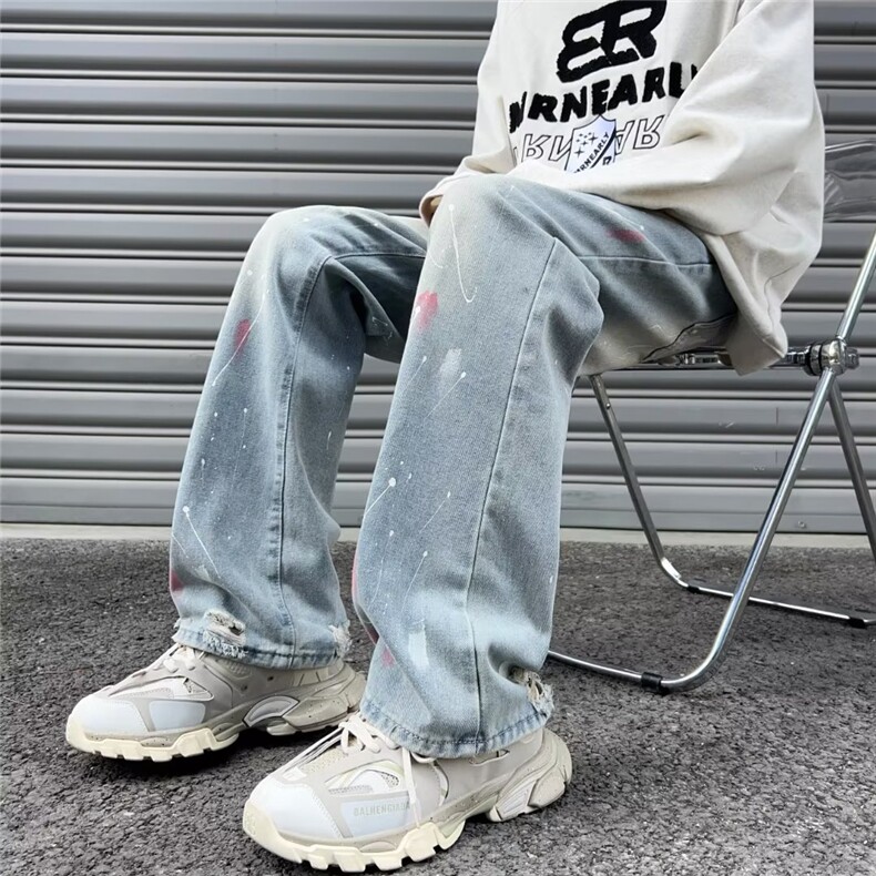 漆点泼墨牛仔裤男情侣高街美式复古水洗直筒休闲长裤XN8066-P47图片