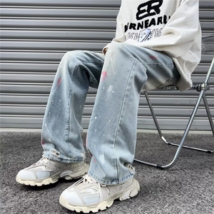 漆点泼墨牛仔裤男情侣高街美式复古水洗直筒休闲长裤XN8066-P47图片