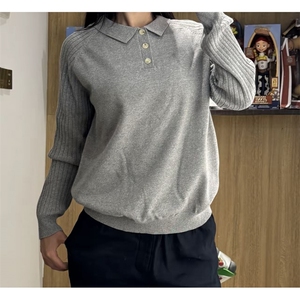 复古老钱风插肩袖竖条纹肌理感长袖针织POLO衫情侣毛衣C67082/P65图片