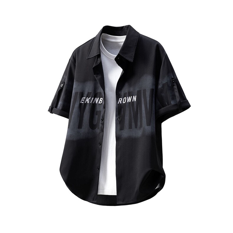 冰丝字母印花设计M-5XL大码短袖衬衫套装TZ77856P58控98立体白底，男装休闲套装，星座227-7