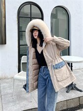 2021年冬装牛仔拼接羽绒服，时尚潮流。，女装羽绒服，非布可衣