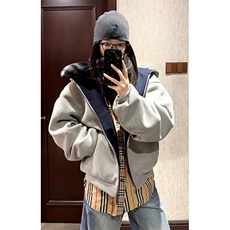 重磅高品质硬挺boxy26春装美式高街结构撞色拼接连帽卫衣开衫外套，女装短外套，电商A486-1