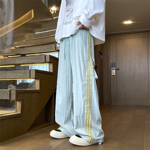 美式冰丝条纹休闲裤男女春秋薄款潮牌宽松直筒冲锋裤子K12-P48图片