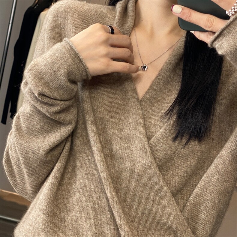 早春新款100%纯羊毛衫女交叉V领宽松套头裹胸毛衣羊绒针织打底衫,女装羊毛衫,羿纯羊绒