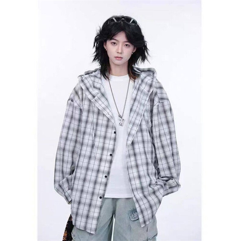 蓝色连帽格子长袖衬衫男高级感痞帅冰丝防晒衬泡泡纱美式休闲外套,男装防晒衣,星座715-7