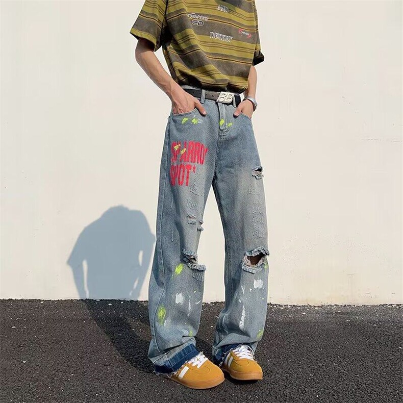 美式破洞牛仔裤男士韩版潮流高街帅气2026夏季ins长裤RK2935-P50,男装牛仔裤,星座412-3
