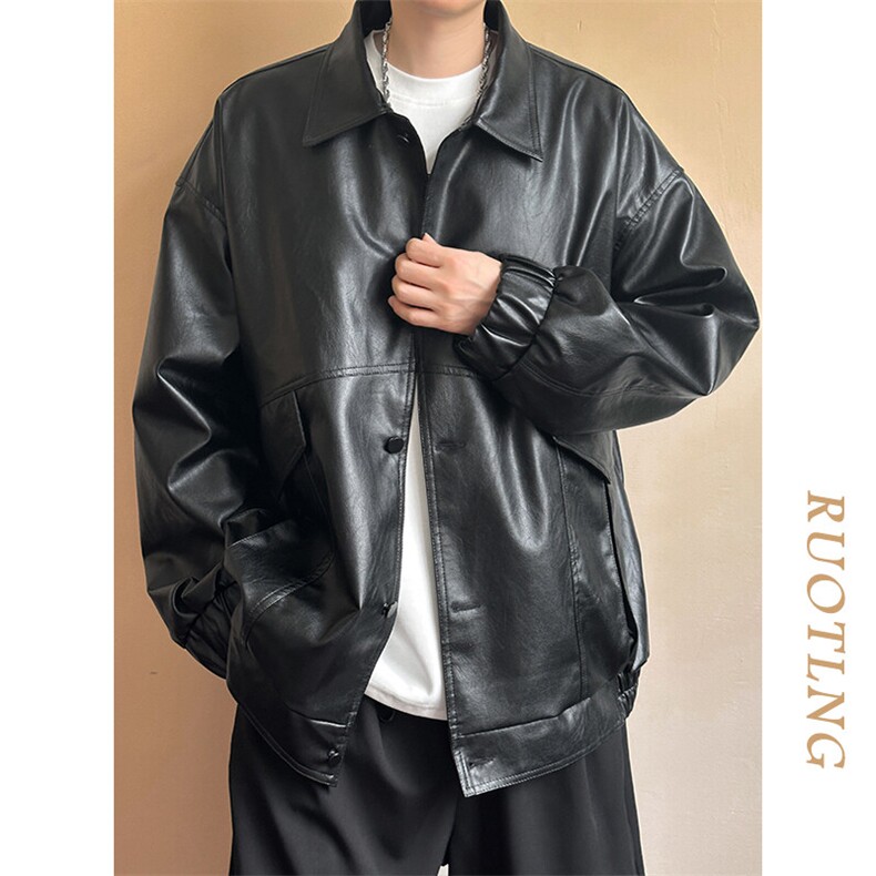 现货-秋季皮衣外套男宽松休闲PU机车皮夹克潮流A584-P90,男装夹克,电商A351