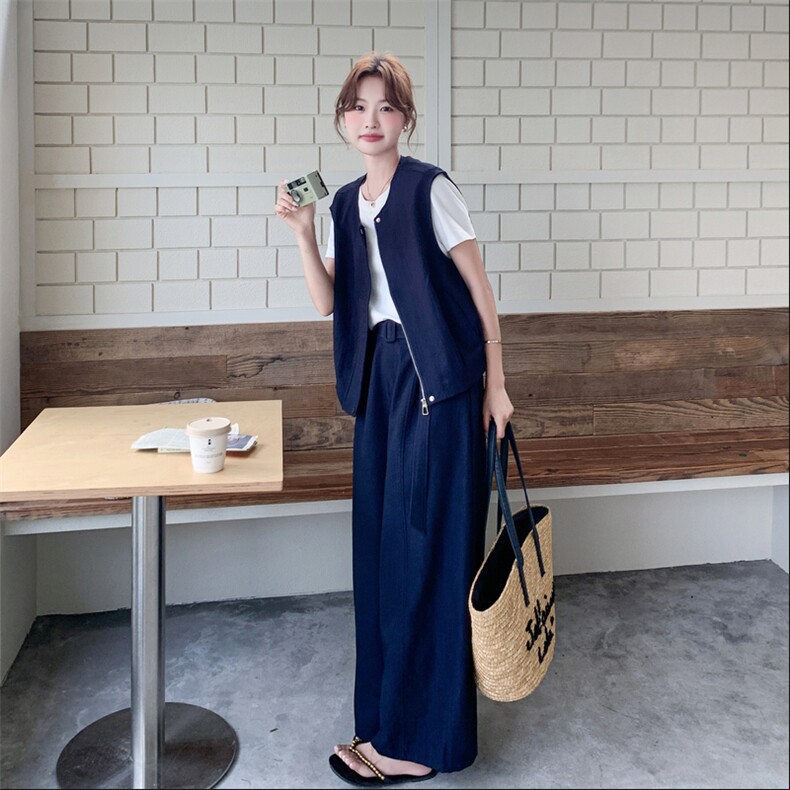 休闲马甲女夏季新款小香风减龄阔腿裤T恤三件套,女装套装/套裙,秀美人生