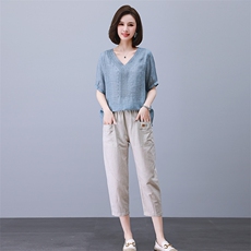 棉麻衬衫女夏2025新款高端大码宽松苎麻小衫中年妈妈短袖亚麻上衣，女装套装/套裙，独衣靓