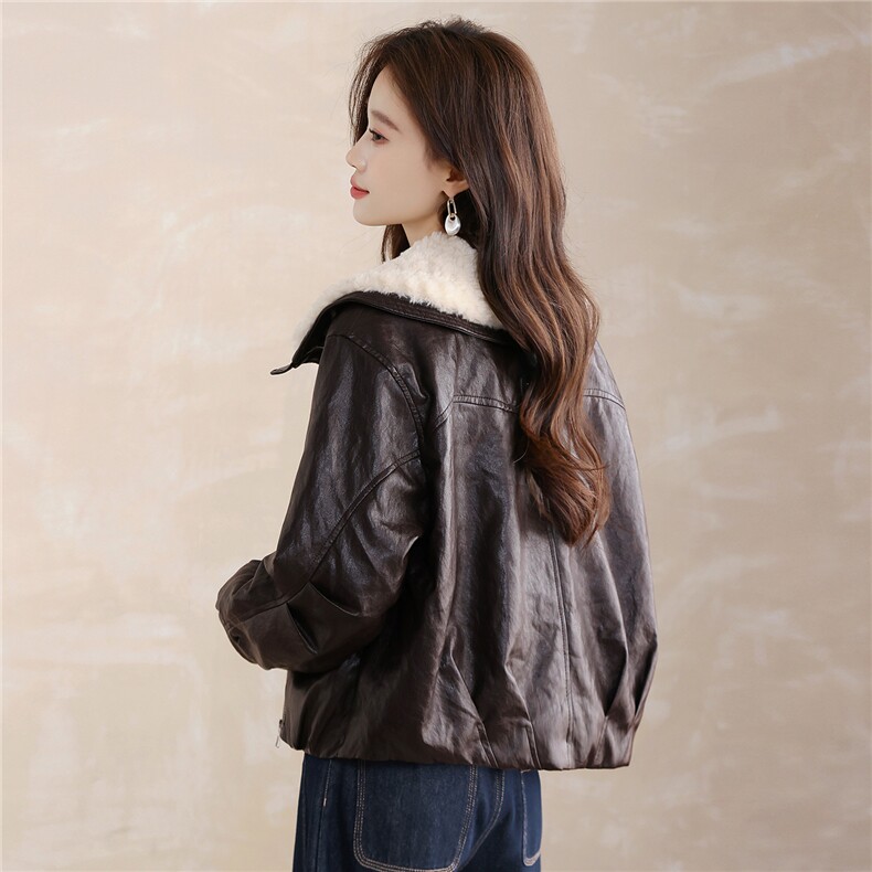 现货！现货！加绒加厚皮衣女2025冬季新款羊羔毛翻领棉衣棉服,女装棉衣/棉服,以桐