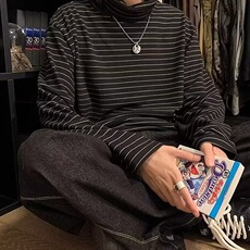 秋冬新款宽松半高领条纹长袖T恤宽松百搭显瘦内搭上衣打底衫，男装T恤，星座506A