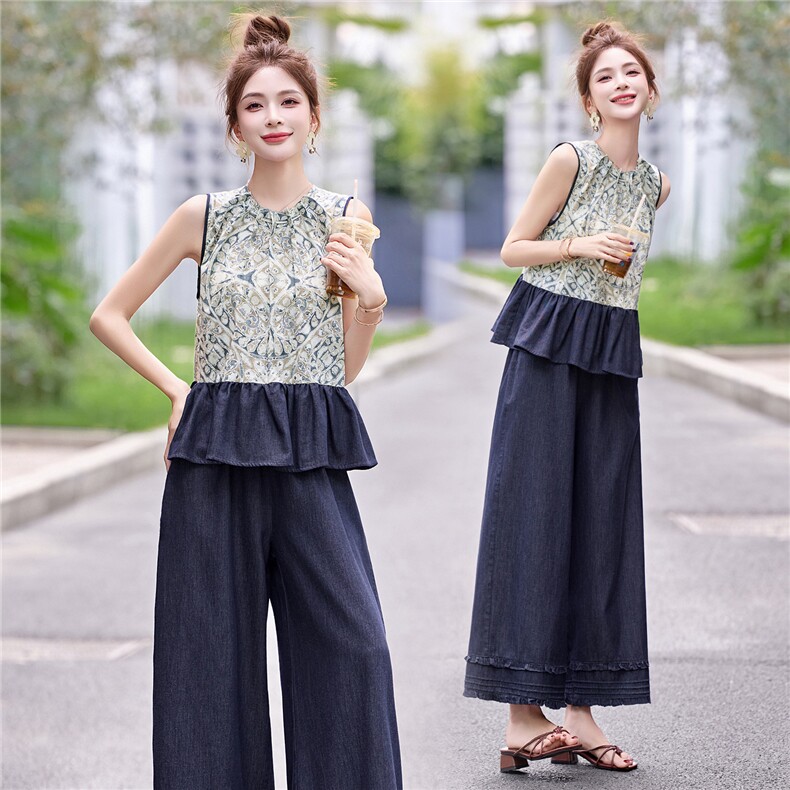 无袖套装女2025夏季新款巨好看的小香风减龄牛仔阔腿裤穿搭一整套，女装套装/套裙，悠米