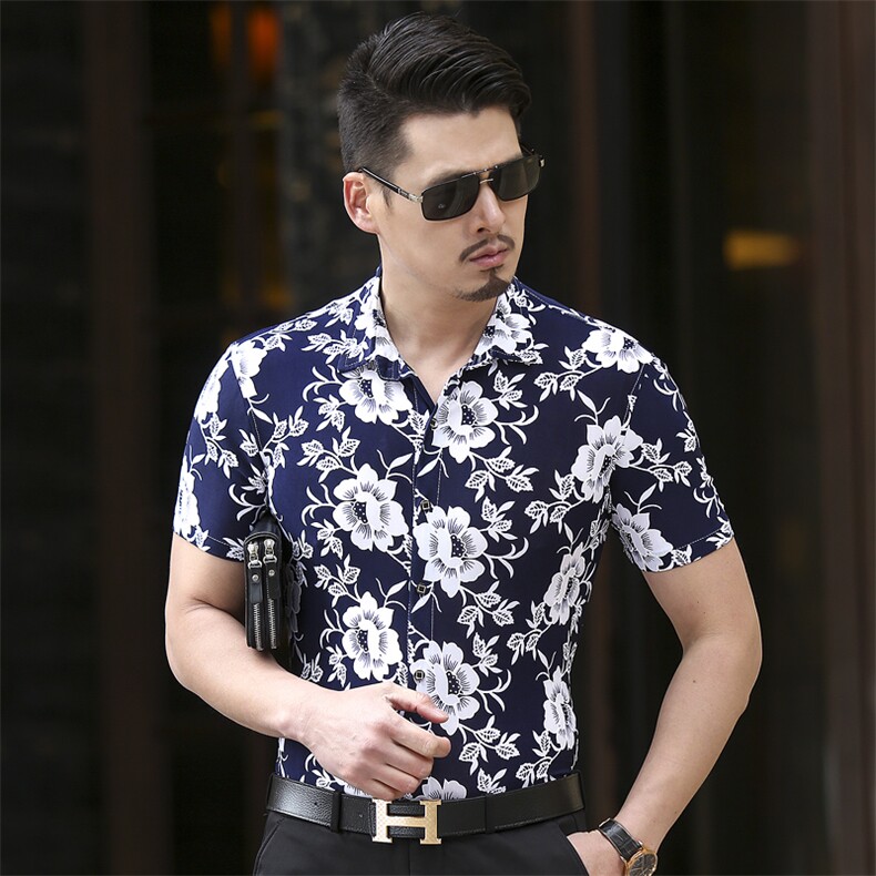 夏季新款男士花色衬衫加肥加大个性印花时尚休闲短袖衬衫662p50图片