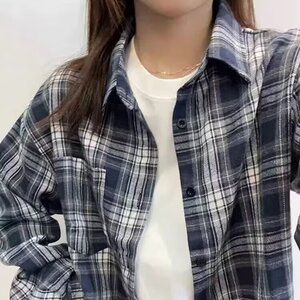 8101-P28 韩版ins潮流长袖气质格子衬衫女秋衬衫男日常休闲格子图片