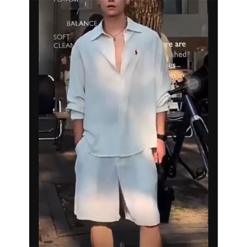 TC01棉麻透气凉爽慵懒高级感青少年长袖衬衫短裤套装男女 网图图片