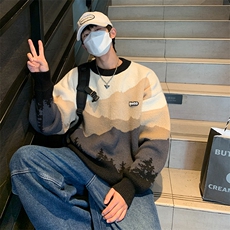 冬款高街潮牌宽松情侣针织衫日系拼色提花圆领毛衣男M1140-P50，男装针织衫/毛衣，星座512-2