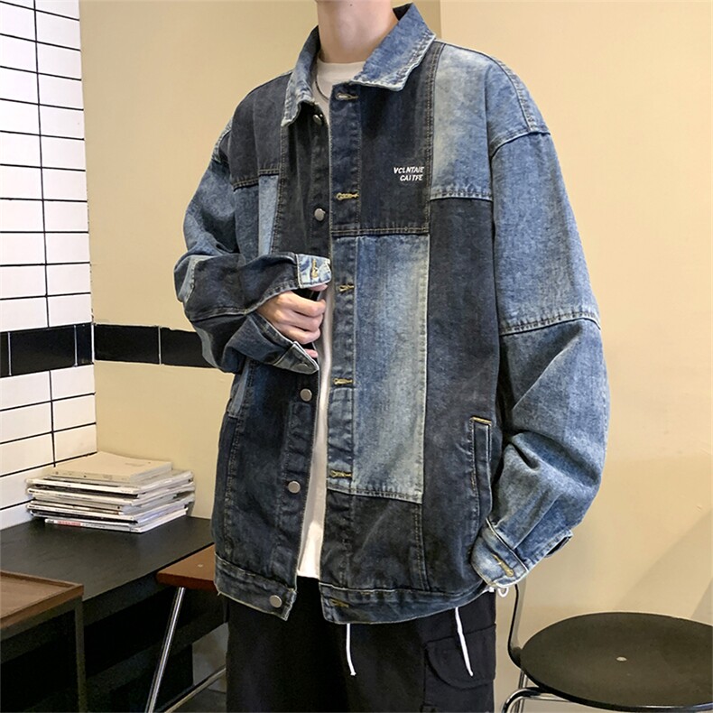 秋冬设计感撞色水洗做旧牛仔外套潮牌美式hiphop宽松休闲翻领夹克,男装夹克,星座505-2（原电商A260-1)
