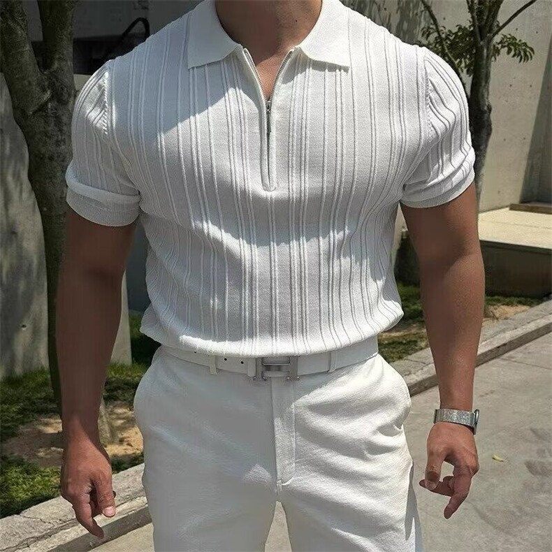 冰麻拉链针织Polo衫复古通勤商务针织短袖体恤PL99/P58,男装Polo衫,电商A243