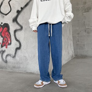 主推！宽松直筒拖地系绳牛仔裤长裤B377-K01-P38-限58，男装牛仔裤，电商B377