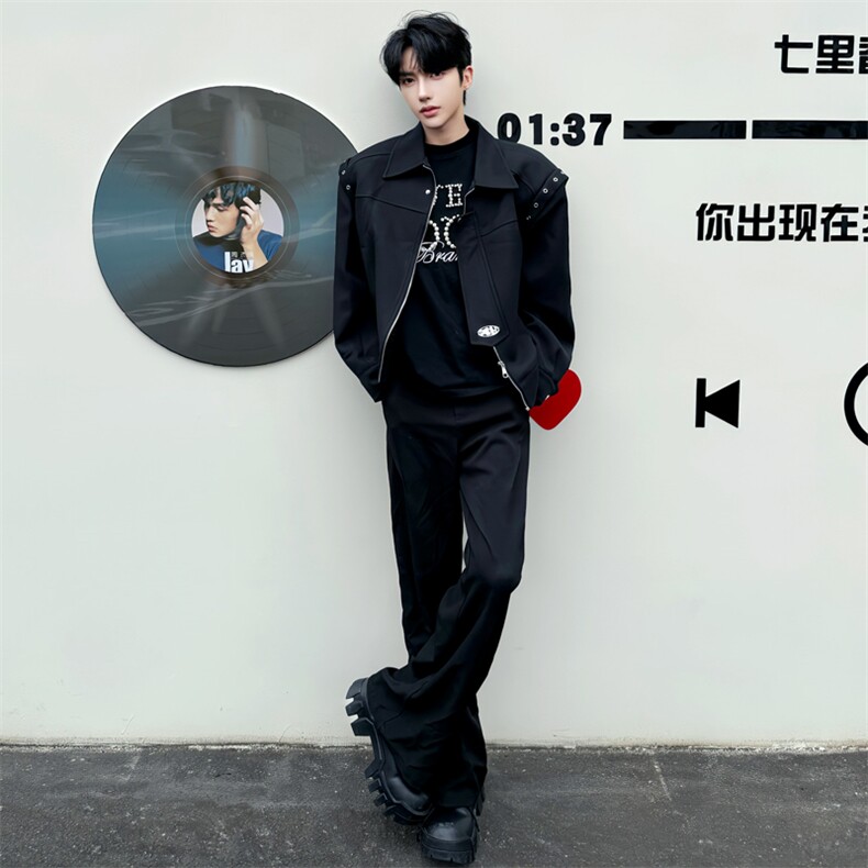 （）黑色短款夹克男秋季美式高街金属解垫肩外套5223-P105,男装夹克,星座910-5
