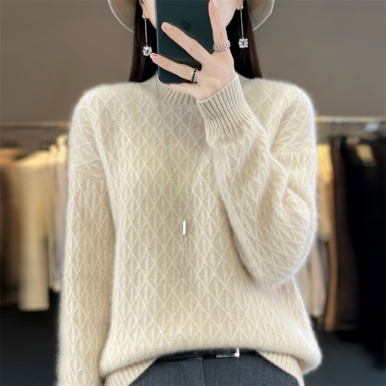 时尚潮流百搭保暖纯毛加厚菱形三角半高领羊毛衫女气质,女装羊毛衫,大美人高端店