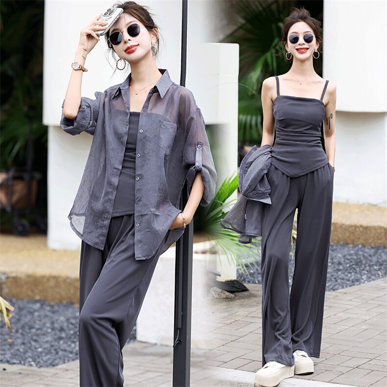 欧货高级感时髦洋气遮肉显瘦韩系防晒衣高腰拖地直筒裤三件套女夏，女装套装/套裙，C位