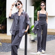 欧货高级感时髦洋气遮肉显瘦韩系防晒衣高腰拖地直筒裤三件套女夏，女装套装/套裙，C位