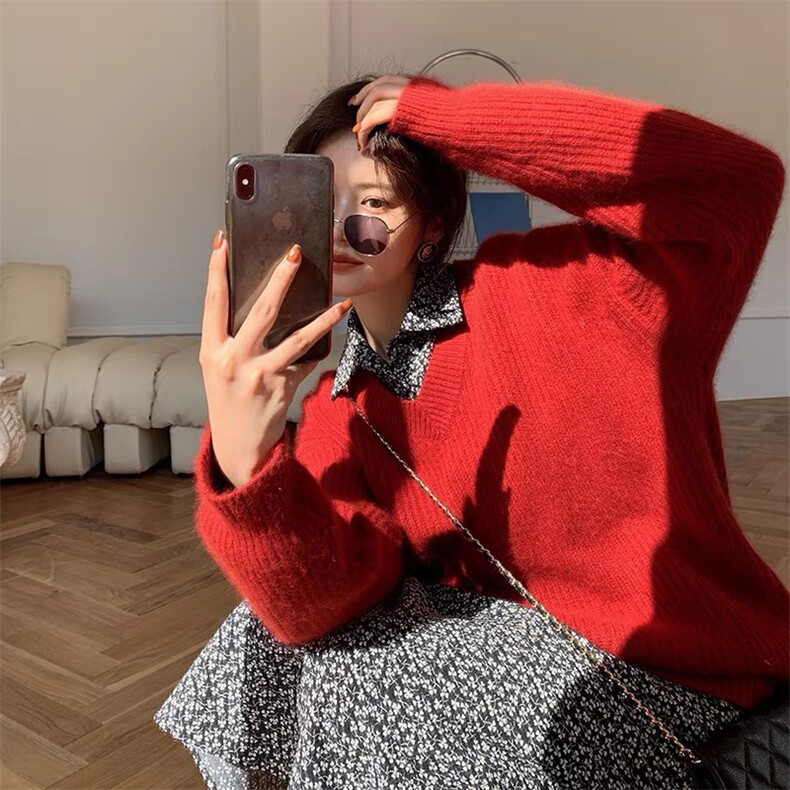 针织衫女春秋新款时尚V领显瘦外搭叠穿上衣图片