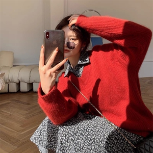 针织衫女春秋新款时尚V领显瘦外搭叠穿上衣