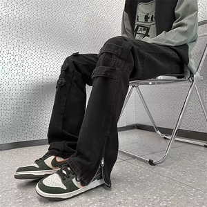 欧美高街vibe裤子男潮牌绑带设计感微喇牛仔裤拉链开叉工装直筒裤图片