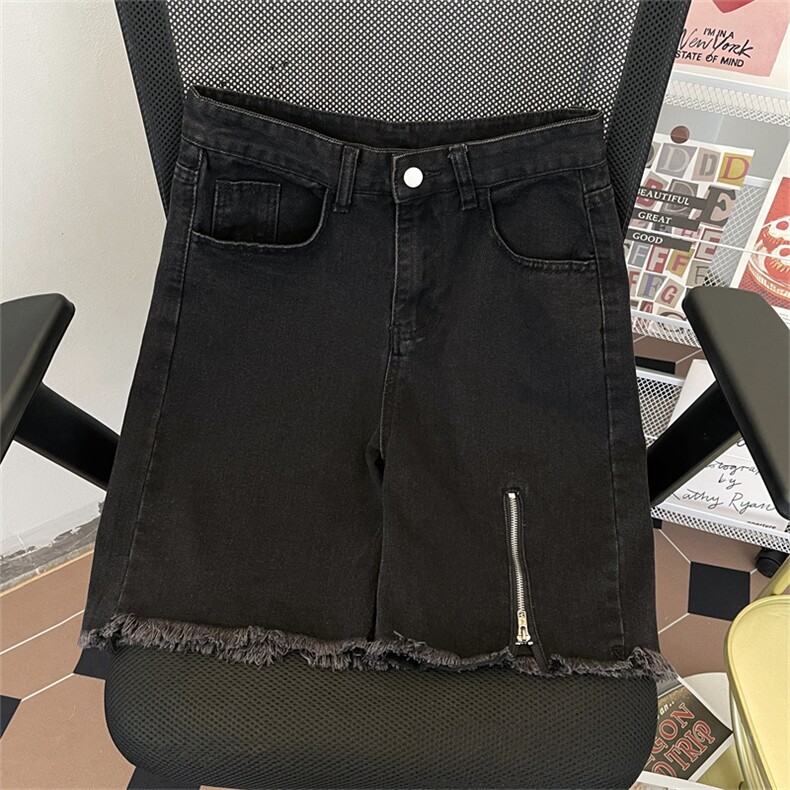 夏季薄款拉链短裤美式高街港风潮牌宽松毛边直筒百搭休闲短裤图片