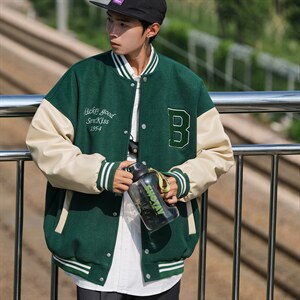 2022主推秋装 pu皮拼接毛巾绣棒球服呢料夹克外套潮 G1016 P108男图片