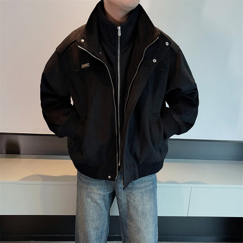 冬季保暖韩版假两件设计感毛呢夹克男宽松加厚夹棉外套潮N902P175图片