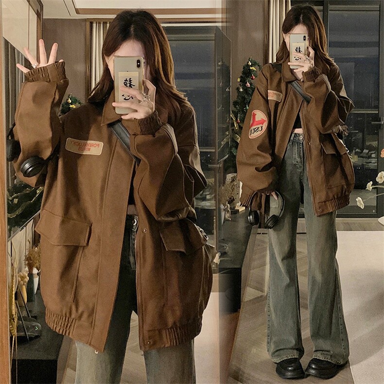 A411-P118 polo领美式复古拼接棒球服2024年新款oversize工装外套图片