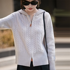 老钱风连帽双拉链100纯羊毛针织开衫女复古麻花保暖打底毛衣外套，女装羊毛衫，九嘉羊绒