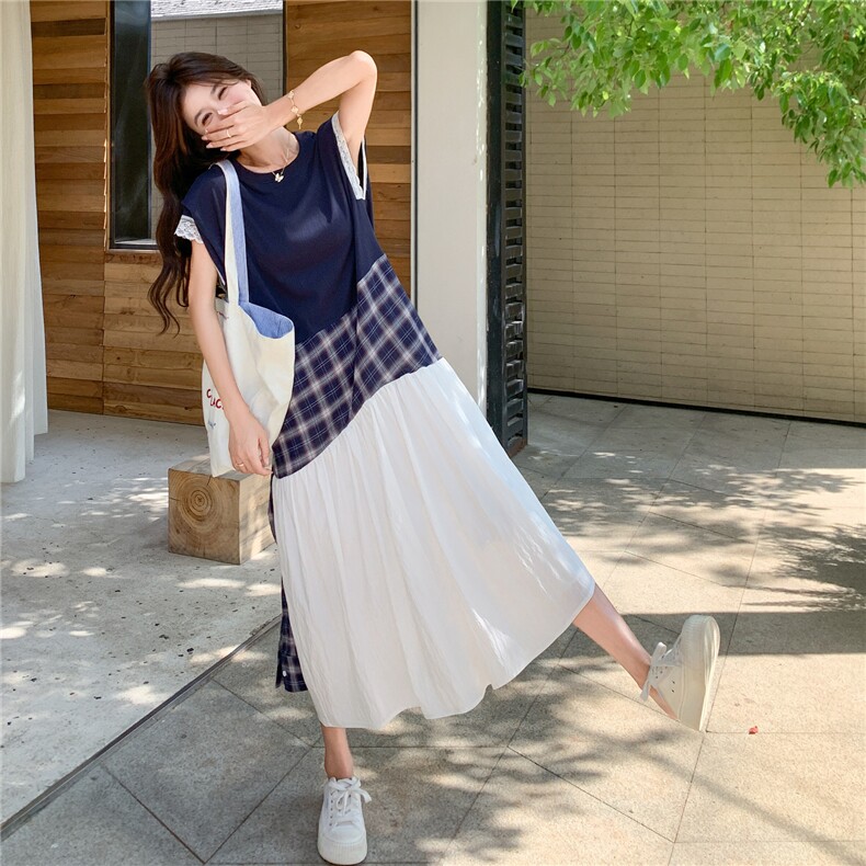 撞色拼接格纹连衣裙女2025夏季新款韩系设计感独特超好看a字长裙,女装连衣裙,2C201