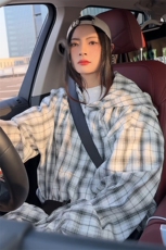 美式复古格子衬衫男生夏季复古连帽中性简约衬衣大码外穿宽松上衣，男装衬衫，电商A001-1