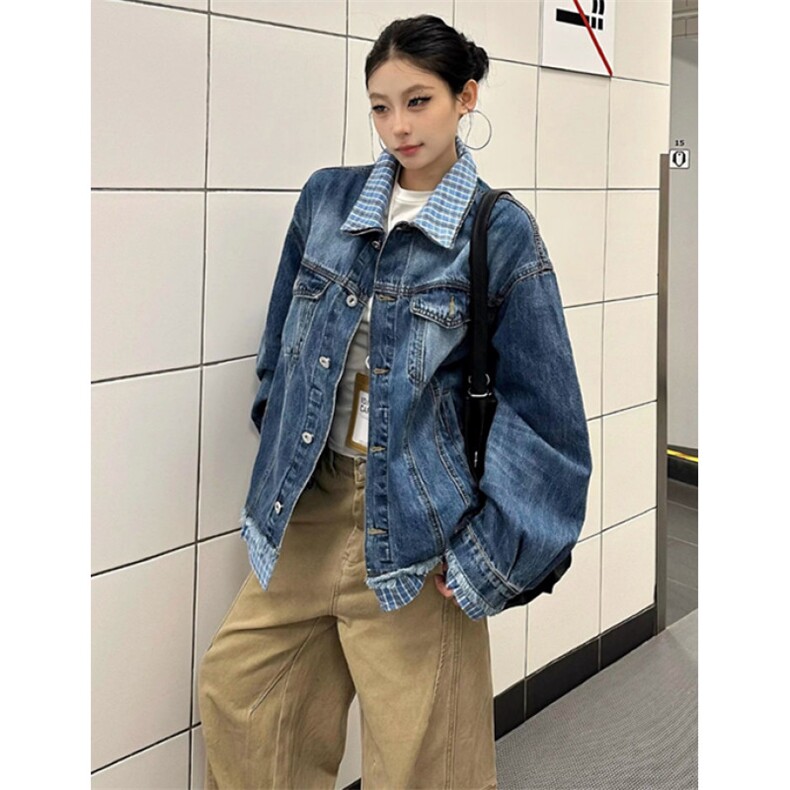 复古格子拼接假两件牛仔外套男女设计感宽松情侣夹克JK8645,男装工装外套,星座1116A（原606A-3）