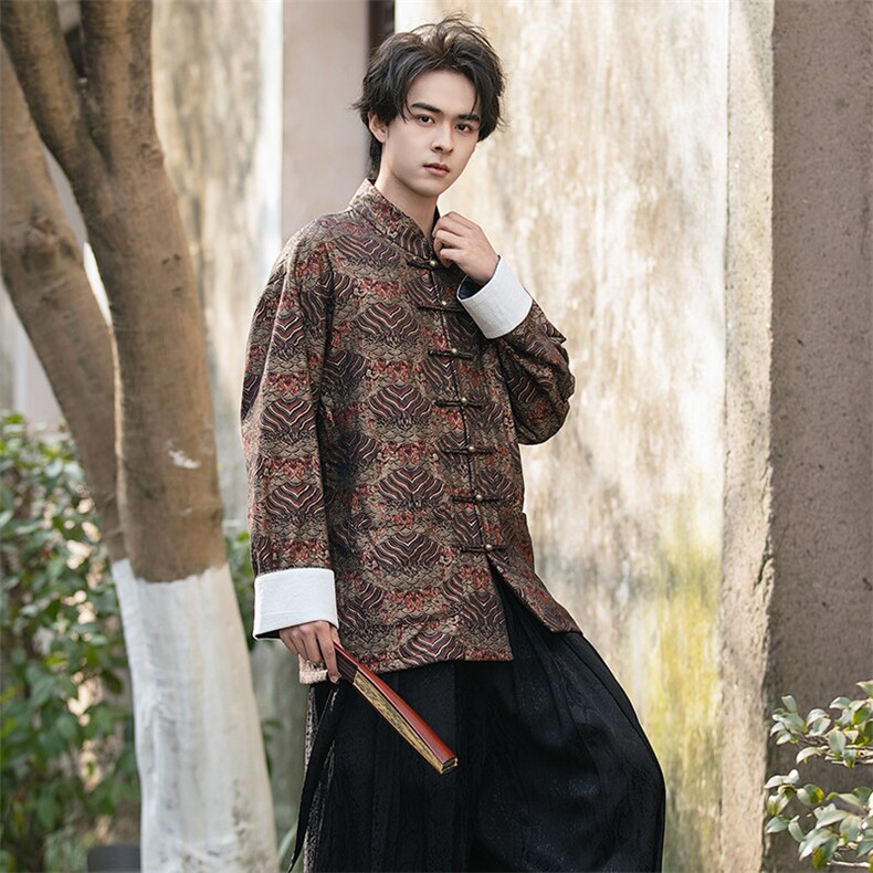 新中式风潮麻混纺海水江崖烫金印花铜扣盘扣立领长袖唐装，男装民族服装，星座305A（原312A-1）