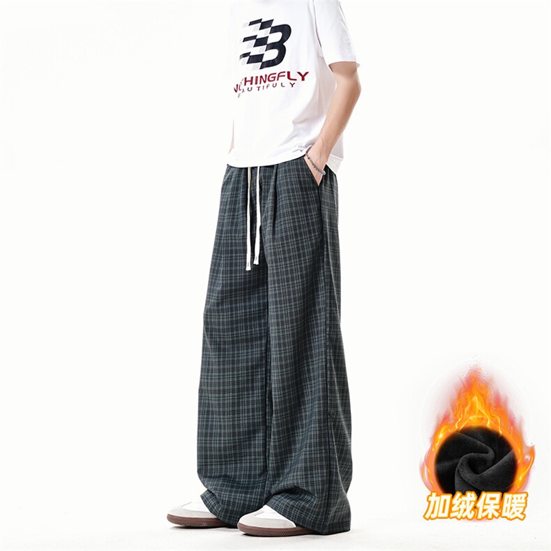 XK468-2JR-P38加绒秋冬灰色格子裤男松弛感美式休闲阔腿直筒裤,男装卫衣,电商A178