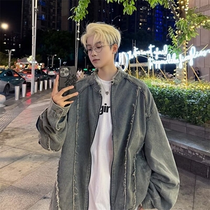复古毛边廓形拉链牛仔外套男新款夹克宽松设计感上衣W6040-P67图片