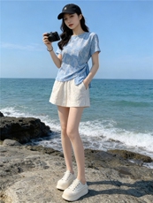 女夏新款时尚减龄套装圆领侧绑带晕染设计短袖上衣蕾丝短裤两件套，女装套装/套裙，江南