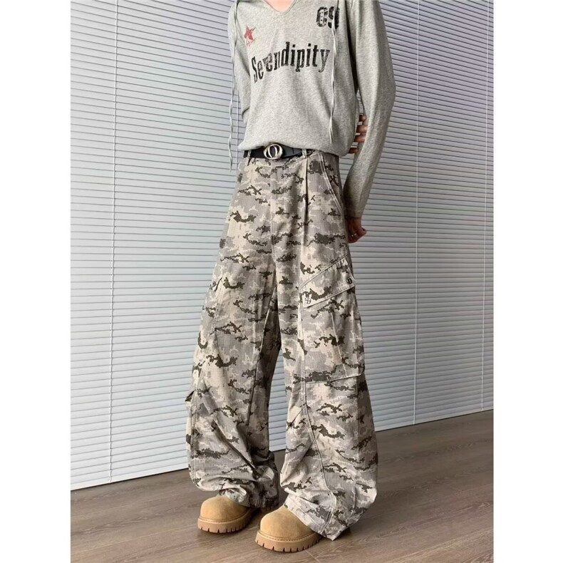 复古沙漠迷彩多口袋弯刀工装裤廓形阔腿伞兵牛仔裤K8310-P56网图，女装牛仔裤，电商B245